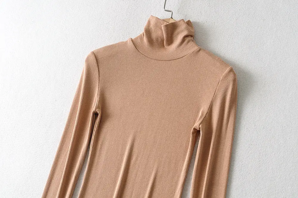 Women High Neck Long Sleeve T-Shirt Solid Beige — feature 20