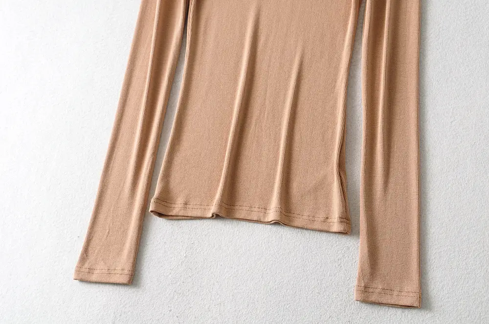 Women High Neck Long Sleeve T-Shirt Solid Beige — feature 21