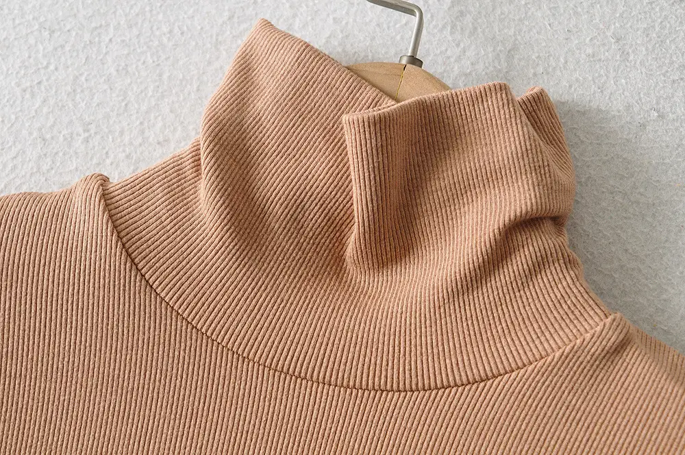 Women High Neck Long Sleeve T-Shirt Solid Beige — feature 22