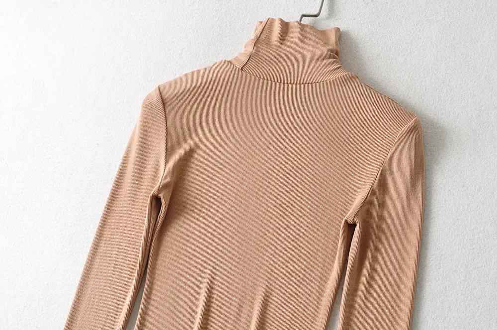 Women High Neck Long Sleeve T-Shirt Solid Beige — feature 25