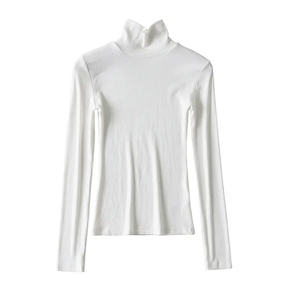 Women High Neck Long Sleeve T-Shirt Solid Beige — feature 3