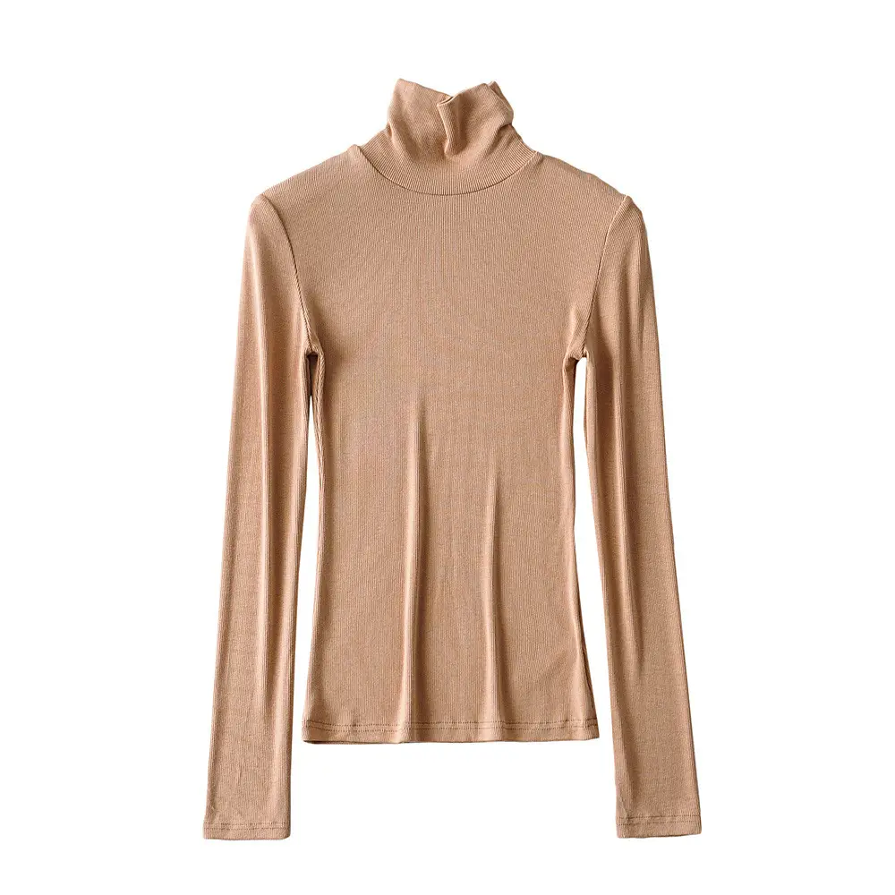 Women High Neck Long Sleeve T-Shirt Solid Beige — feature 4
