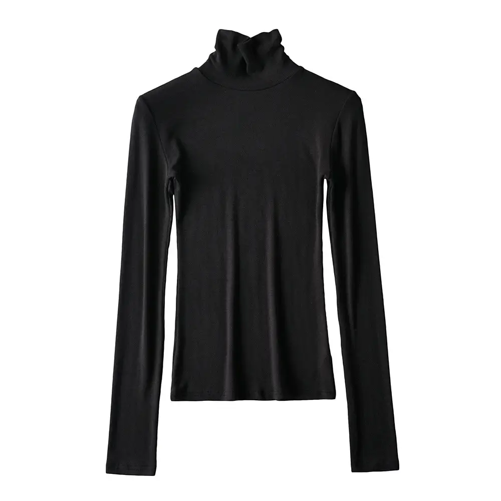 Women High Neck Long Sleeve T-Shirt Solid Beige — feature 5