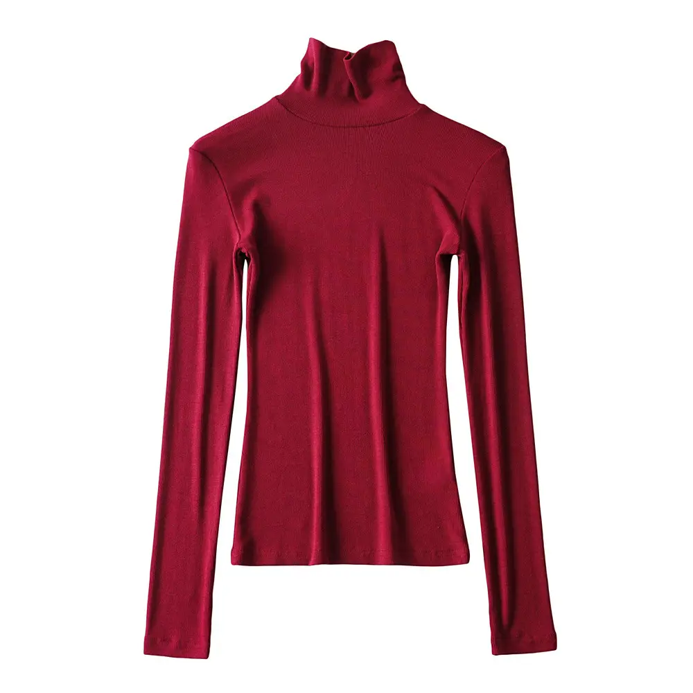 Women High Neck Long Sleeve T-Shirt Solid Beige — feature 6