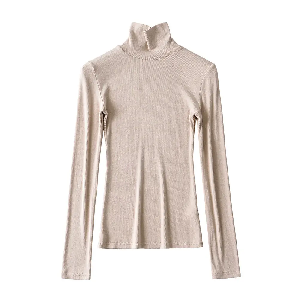 Women High Neck Long Sleeve T-Shirt Solid Beige — feature 8