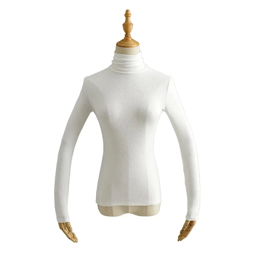 Women High Neck Long Sleeve T-Shirt Solid Beige - Image 2
