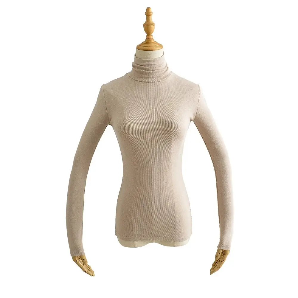 Women High Neck Long Sleeve T-Shirt Solid Beige - Image 3