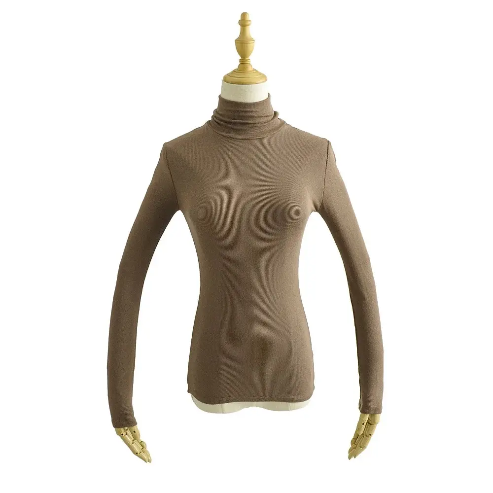Women High Neck Long Sleeve T-Shirt Solid Beige - Image 4
