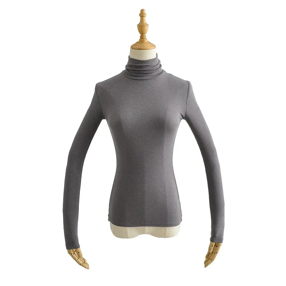 Women High Neck Long Sleeve T-Shirt Solid Beige - Image 5