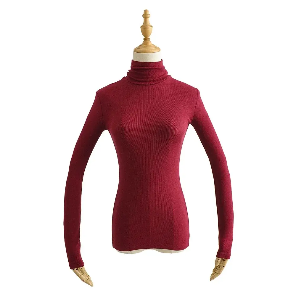 Women High Neck Long Sleeve T-Shirt Solid Beige - Image 7