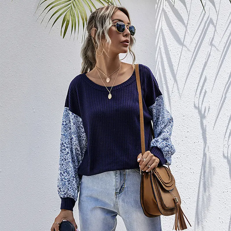 Women's Blue Knitted Long Sleeve T-Shirt with Knee Patch Jeans - Image 2