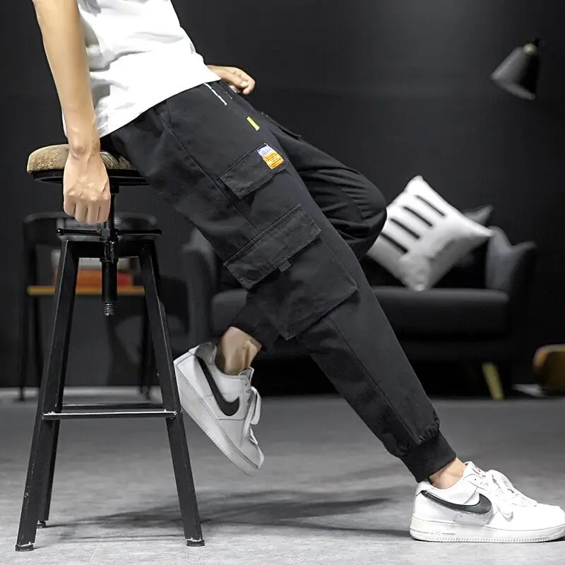 Men Black Multi Pocket Cropped Pants Ankle Tied