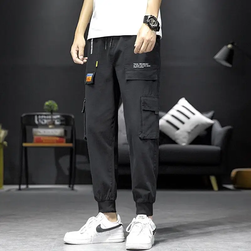 Men Black Multi Pocket Cropped Pants Ankle Tied