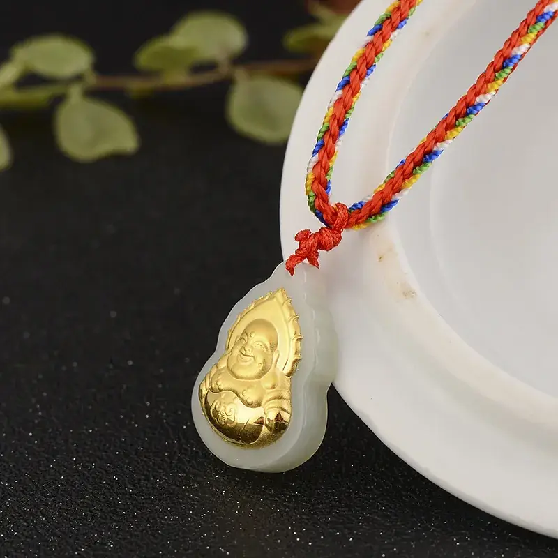 Gold Inlaid Hetian White Jade Guanyin Pendant Necklace