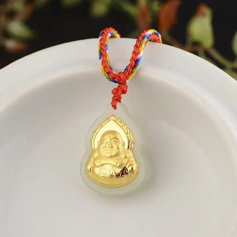 Gold Inlaid Hetian White Jade Guanyin Pendant Necklace