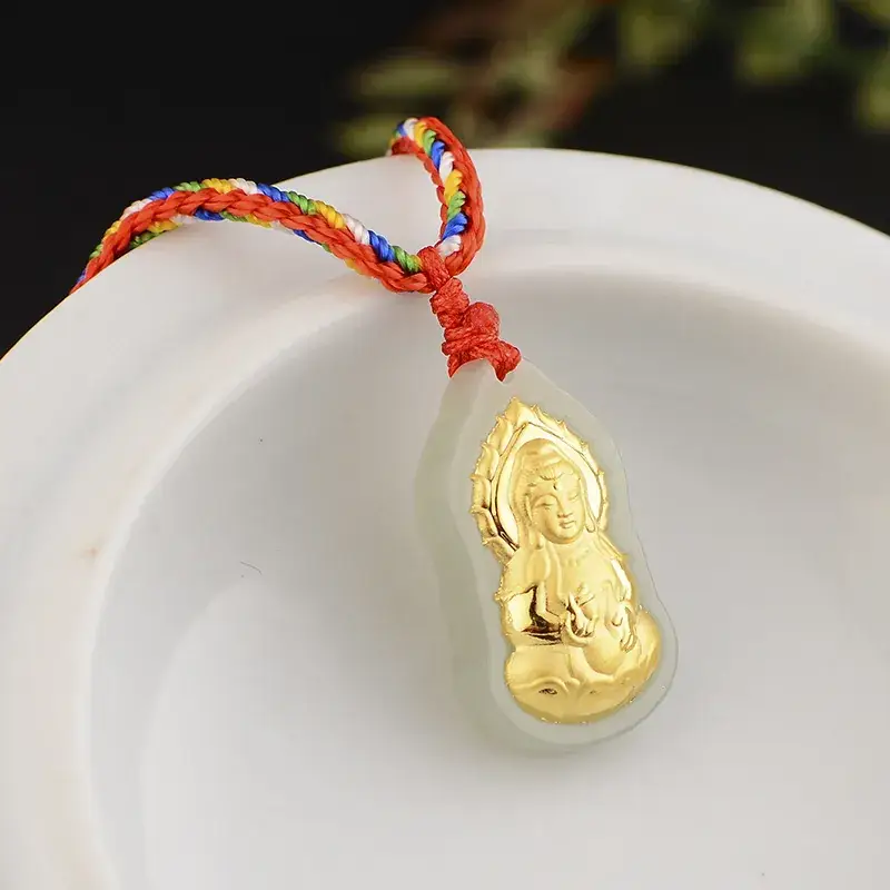 Gold Inlaid Hetian White Jade Guanyin Pendant Necklace