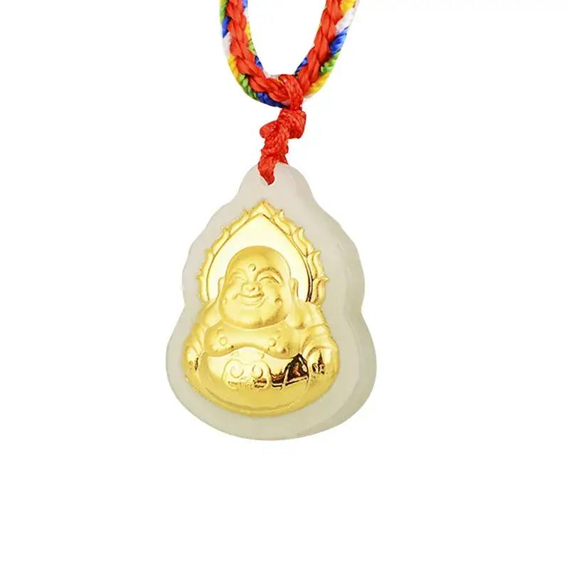 Gold Inlaid Hetian White Jade Guanyin Pendant Necklace