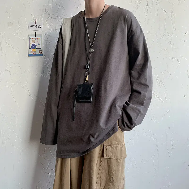 Men Long Sleeve T-Shirt Brown Loose Winter Wear