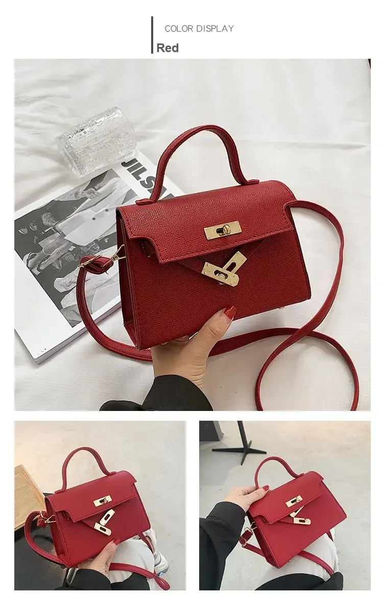 Red bag shown from the front with top handle and shoulder strap
