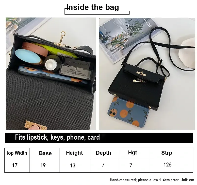 Open bag interior, example contents and a measurement table in centimeters