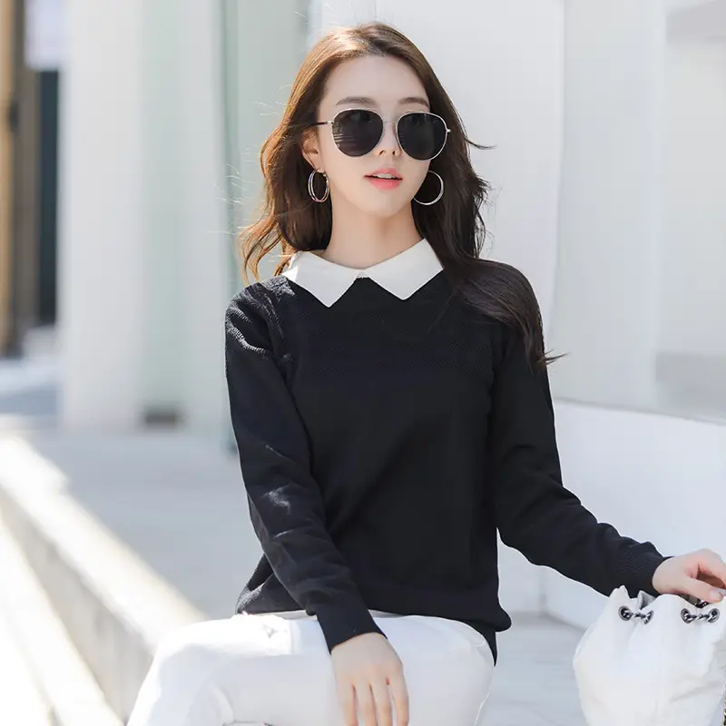 Women Knitted Lapel Sweater Pullover Pink Autumn Winter - Image 3