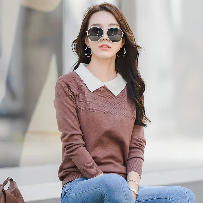 Women Knitted Lapel Sweater Pullover Pink Autumn Winter - Image 4