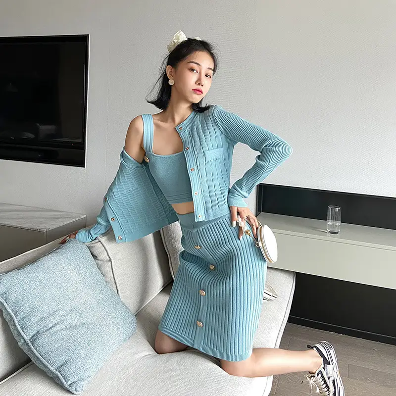 Women Wool Knit Set Light Blue 4Pc Coat Skirt - Image 6