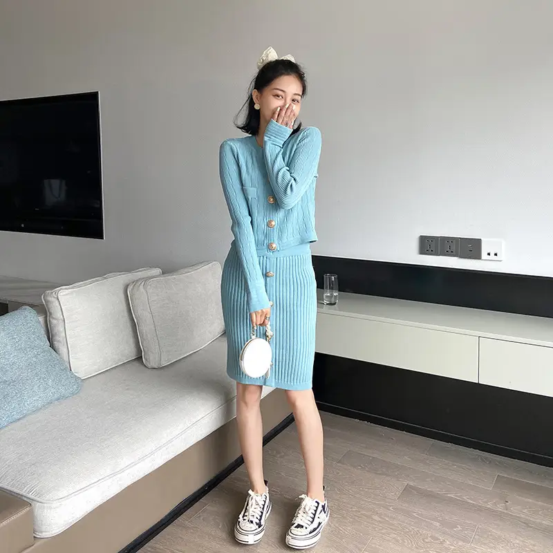 Women Wool Knit Set Light Blue 4Pc Coat Skirt - Image 7