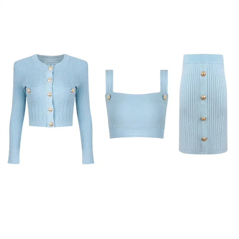 Women Wool Knit Set Light Blue 4Pc Coat Skirt - Image 9