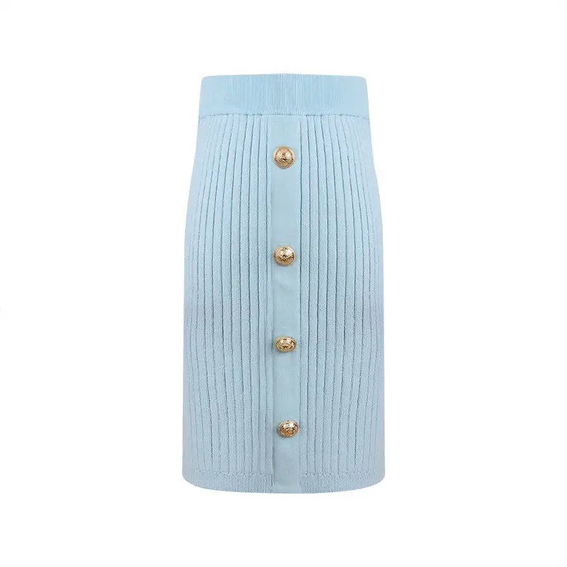 Women Wool Knit Set Light Blue 4Pc Coat Skirt - Image 2