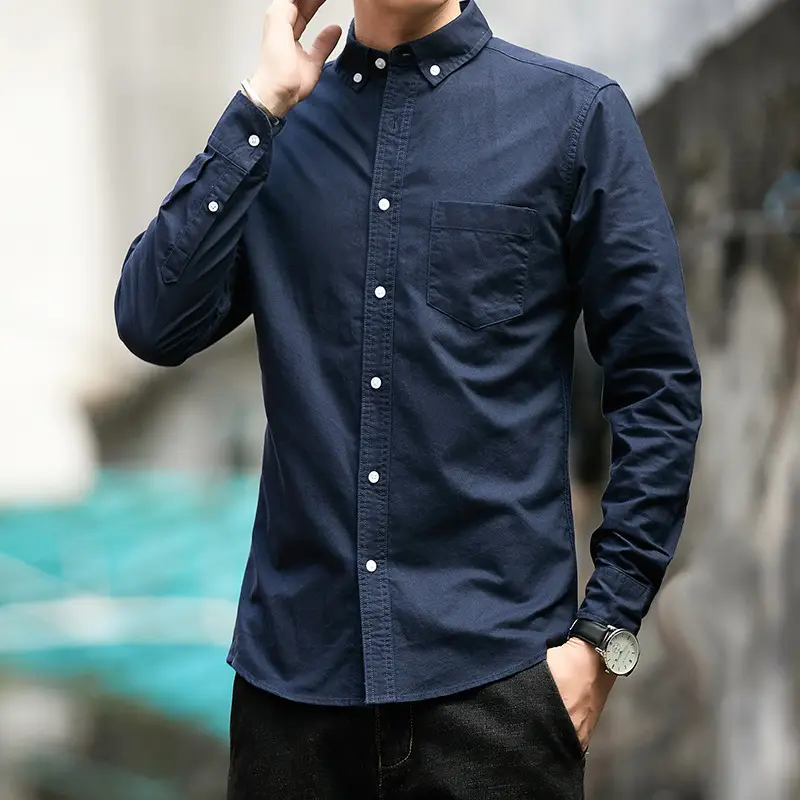 Men Cotton Button Shirt Navy Spring Autumn - Image 7