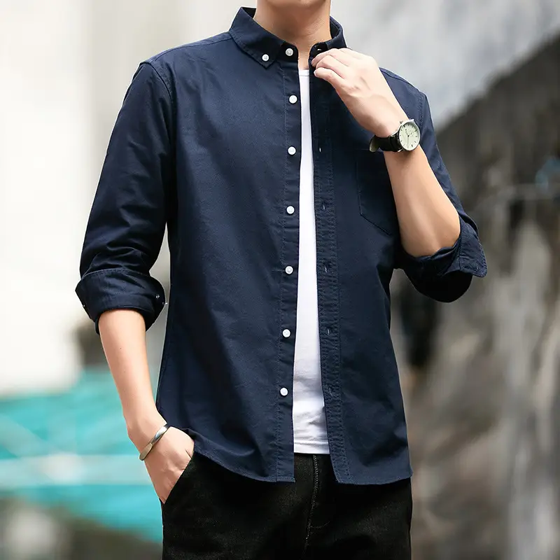 Men Cotton Button Shirt Navy Spring Autumn - Image 2