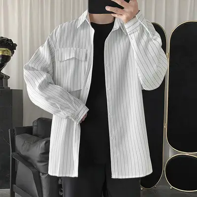 Men's Striped Harajuku Long Sleeve Shirt - Image 3