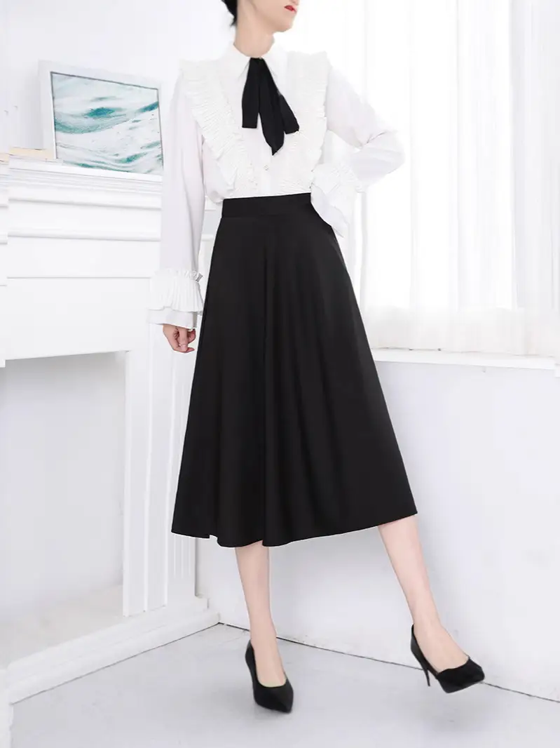 Spring Black Flap Pocket Skirt High Waist A-Line