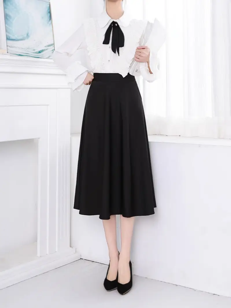 Spring Black Flap Pocket Skirt High Waist A-Line