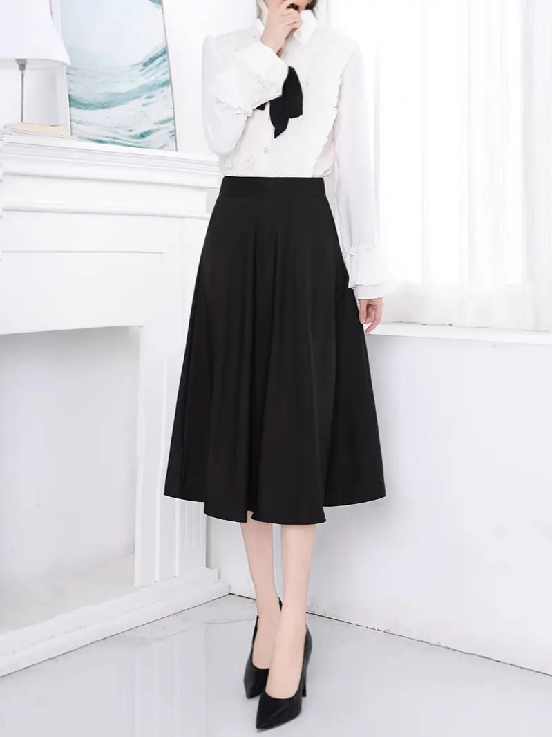 Spring Black Flap Pocket Skirt High Waist A-Line