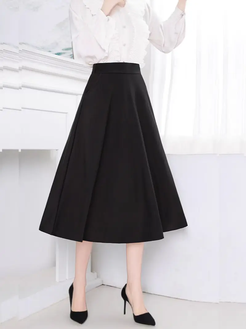 Spring Black Flap Pocket Skirt High Waist A-Line