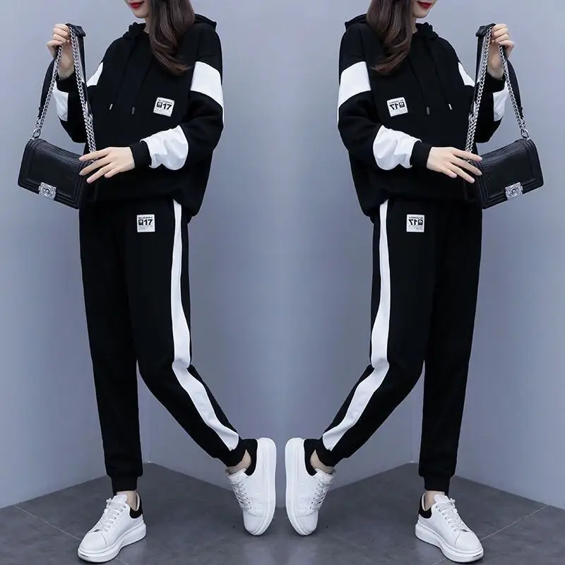 Plus Size Women's Black White Hoodie Track Suit Set - Image 3