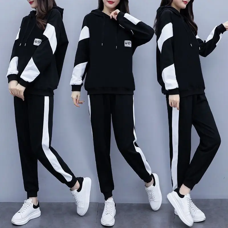 Plus Size Women's Black White Hoodie Track Suit Set - Image 5