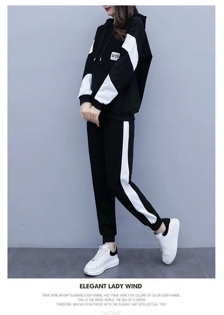 Plus Size Women's Black White Hoodie Track Suit Set — feature 11