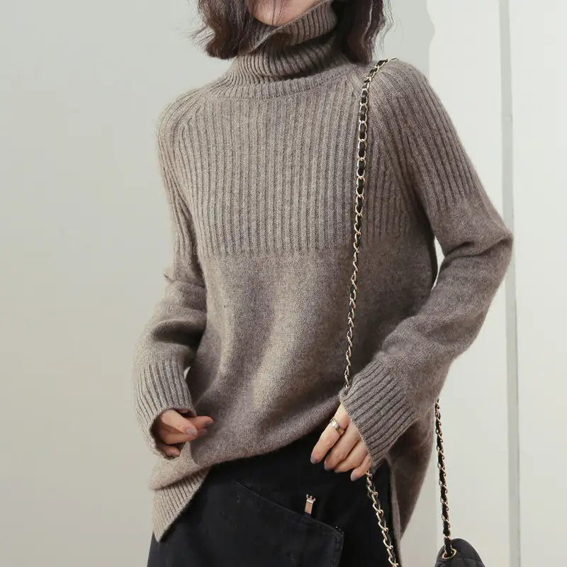 Women's Beige Turtleneck Sweater Large Size - Image 6