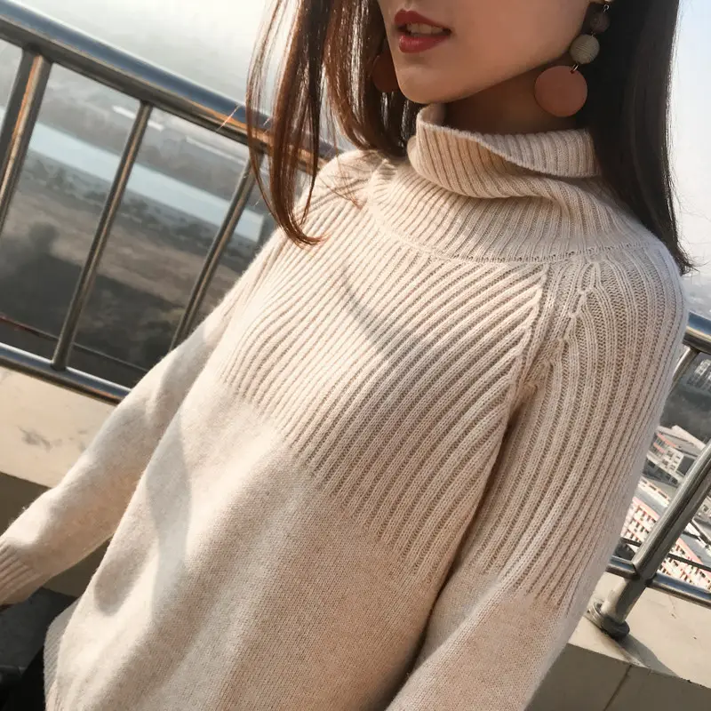 Women's Beige Turtleneck Sweater Large Size - Image 7