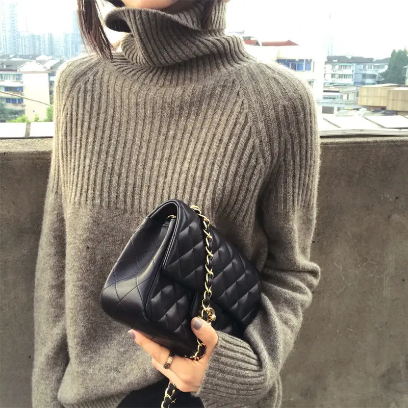 Women's Beige Turtleneck Sweater Large Size - Image 8