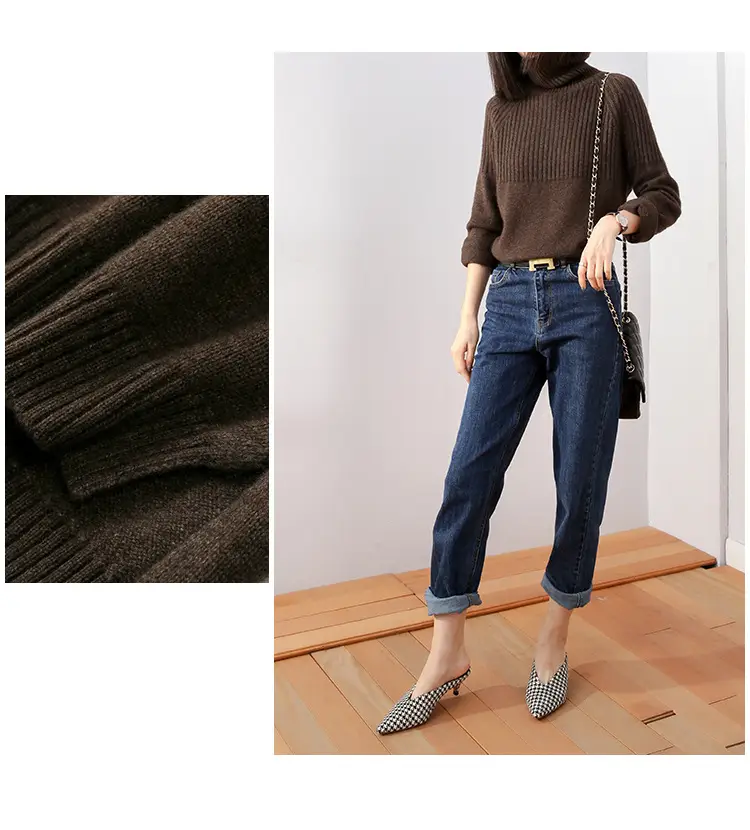 Women's Beige Turtleneck Sweater Large Size — feature 14