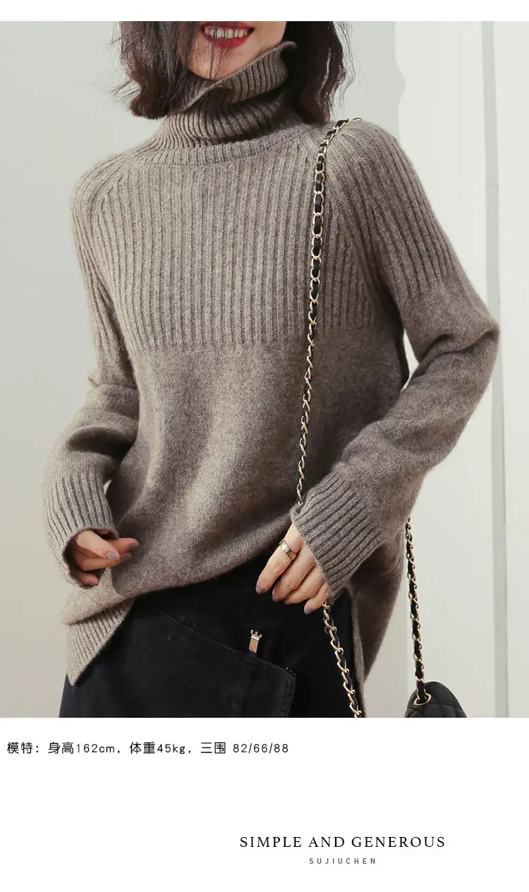 Women's Beige Turtleneck Sweater Large Size — feature 3