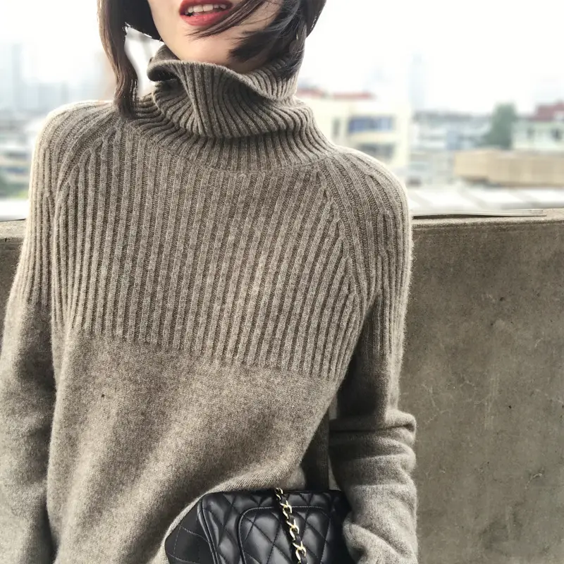 Women's Beige Turtleneck Sweater Large Size — feature 7