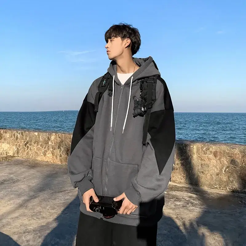 Men Korean Style Grey Hooded Sweatshirt Set - Image 3