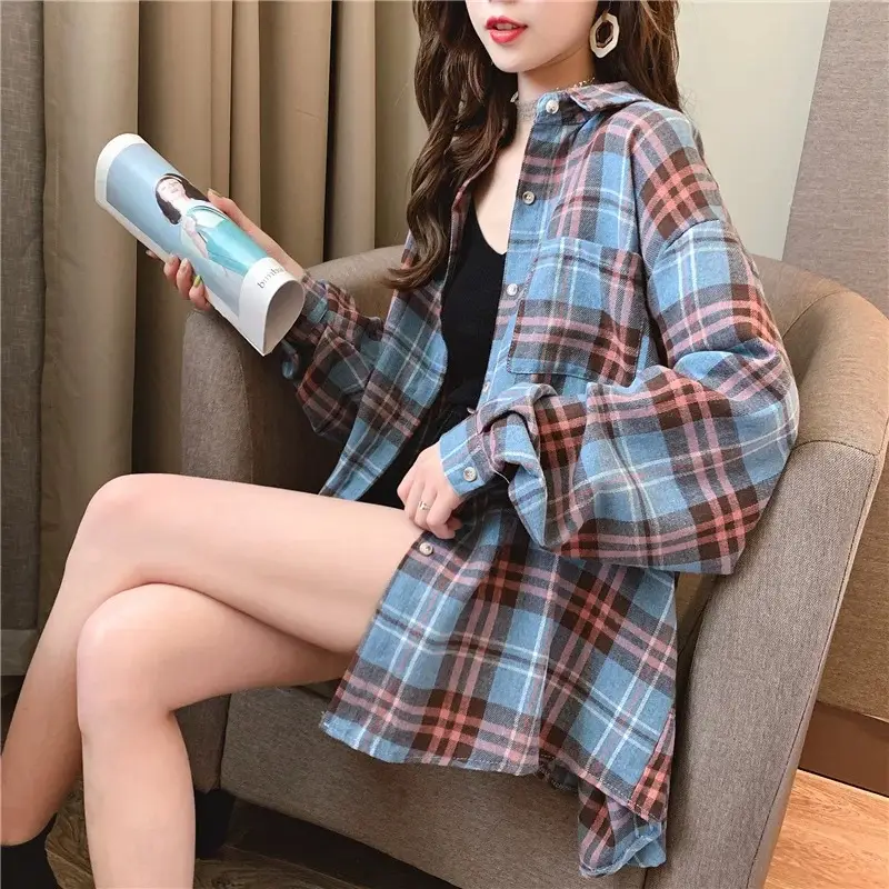 Korean Style Plaid Long Sleeve Women's Shirt - Image 4