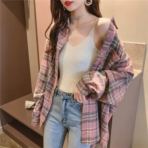 Korean Style Plaid Long Sleeve Women's Shirt - Image 2