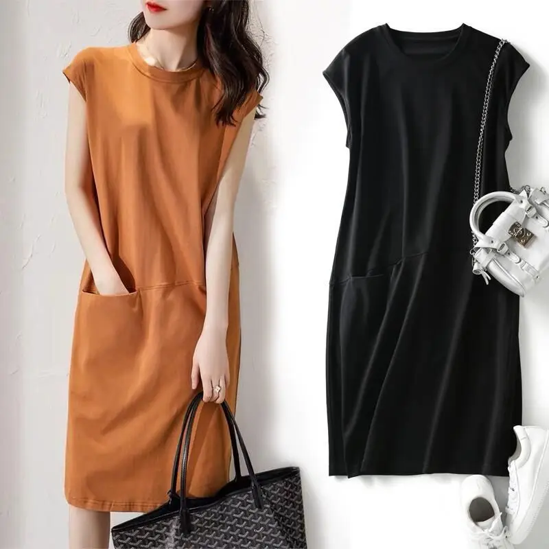 Women Sleeveless Dress Black Brown Slim Fit Long T-Shirt